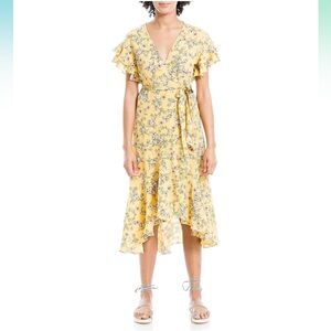 MAX STUDIO Ruffle Crepe High Low Midi Dress Yellow Floral Womens XL
